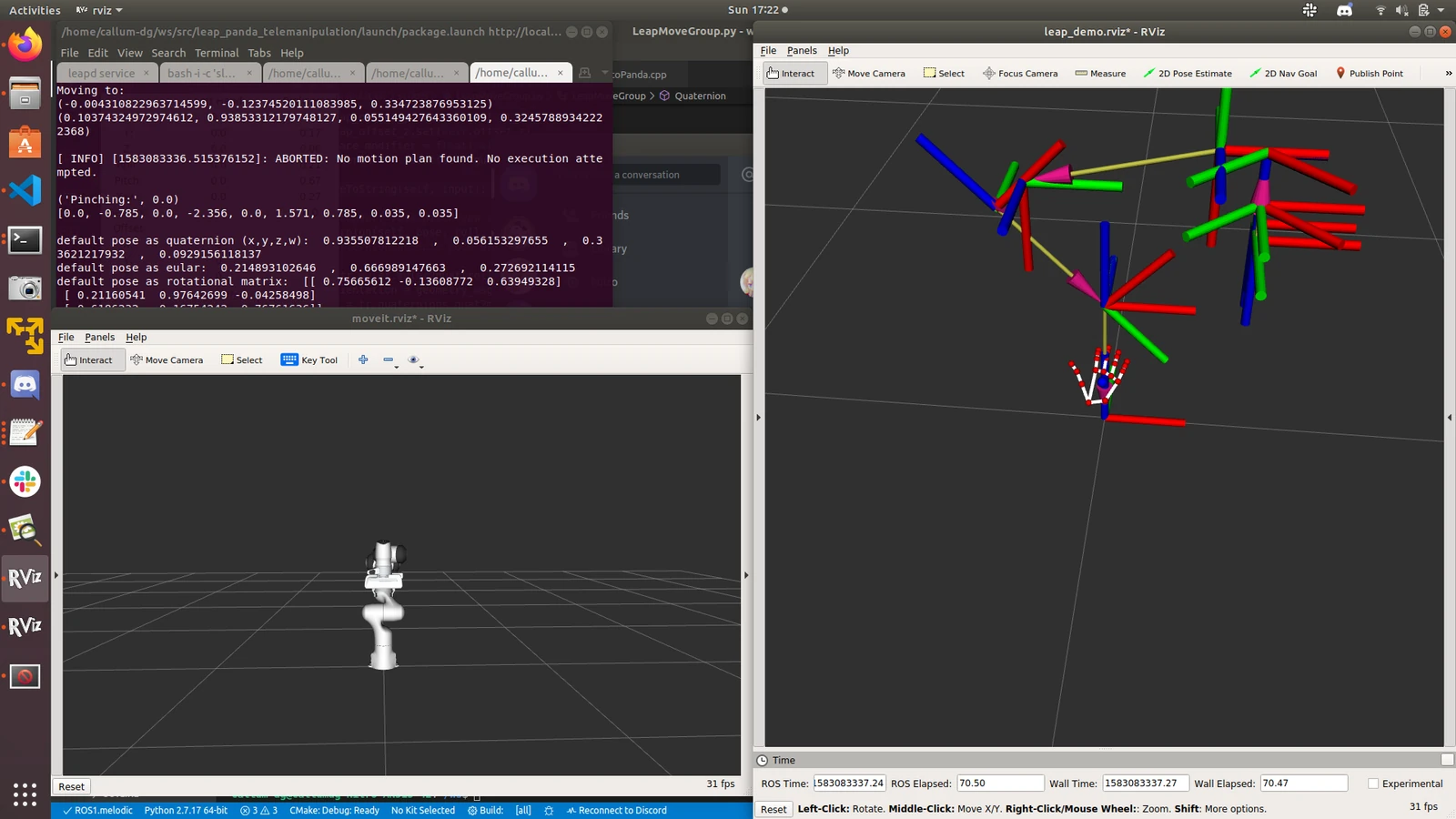 RViz telemanipulation demo showing tracked hands and a simulated Franka Panda robot arm